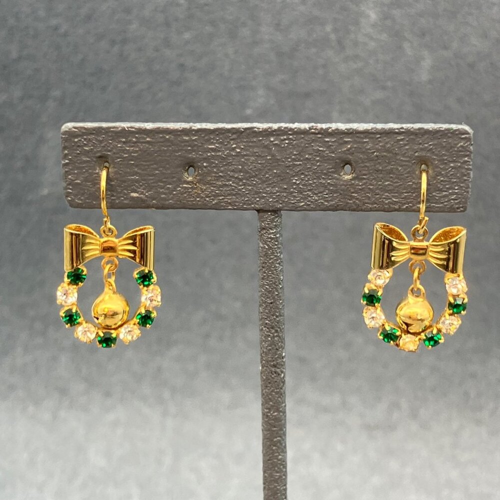 Wreath Dangle Pierced Earrings 1 In Green Clear Rhinestones Gold Bow Jingle Bell